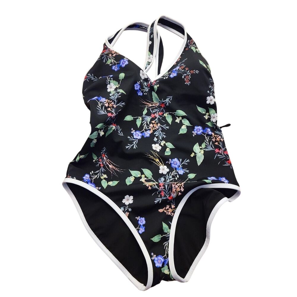 Athleta Gold Coast One Piece Swimsuit Black Floral Womens Small. Missing Belt